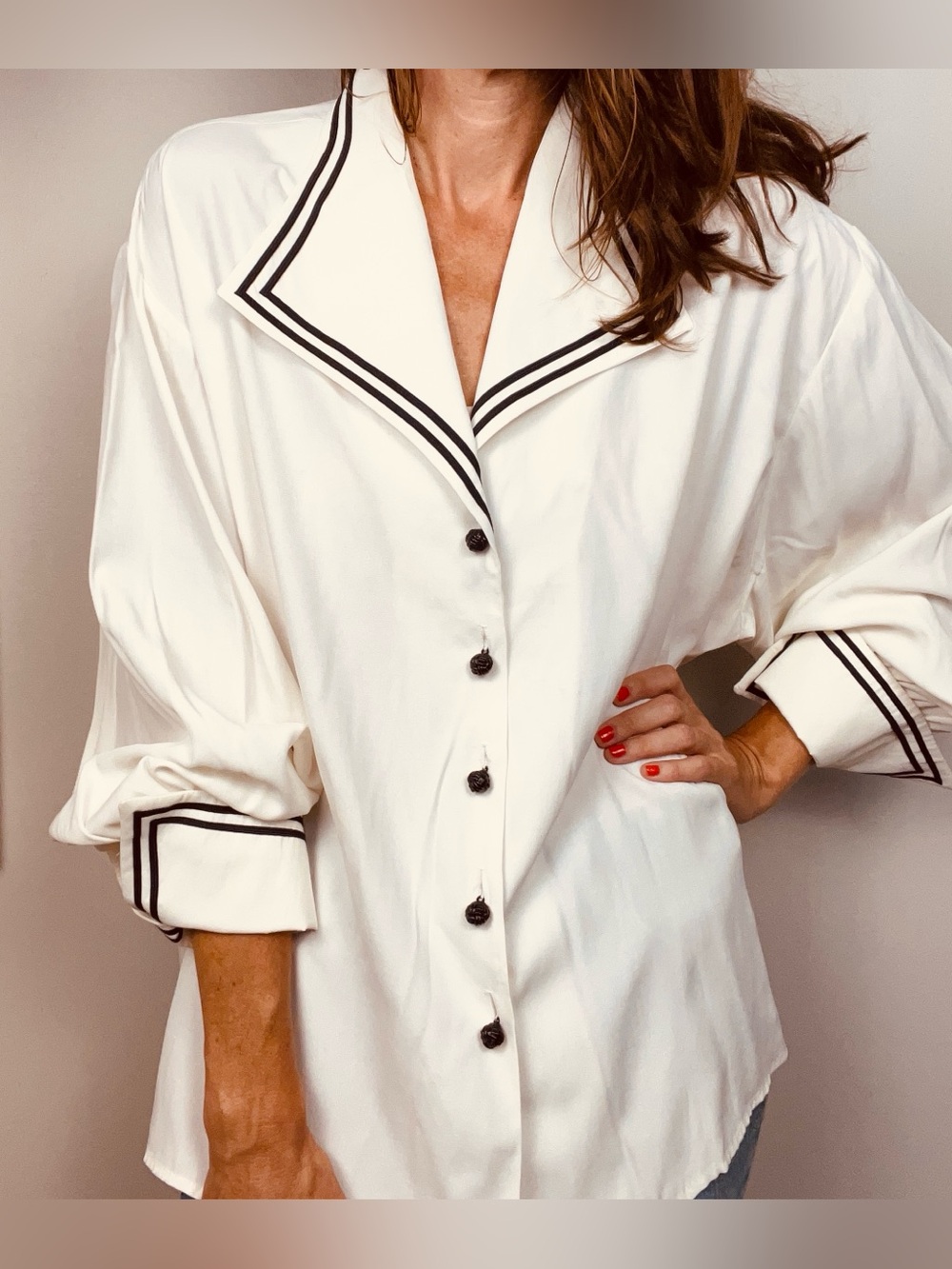 Vintage 80s/90s Sailor Collar Blouse – Nautical Statement Top – XL/2XL